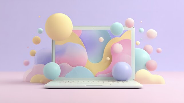 Abstract pastel 3d elements emerging from laptop screen on pink and purple background