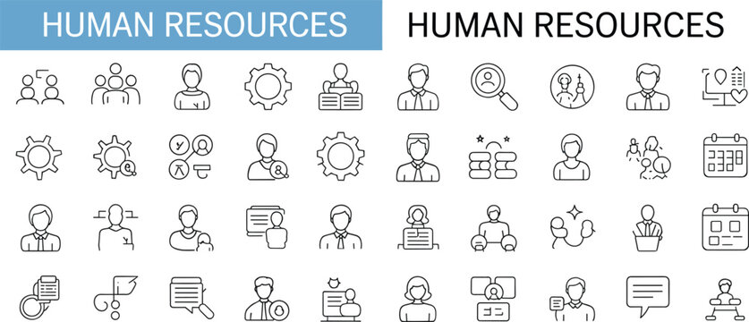 Large collection of linear human resources icons, featuring recruiter avatars, team management symbols, hiring process tools, and employee development concepts.