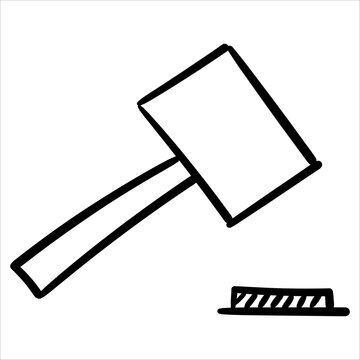 Hand-drawn gavel and sound block doodle style, ideal for legal and auction themes.