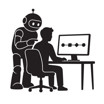 Robot helping person with computer coding task illustration icon