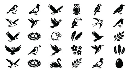 Obraz premium Set of stylized bird icons and feathers with flowers and eggs