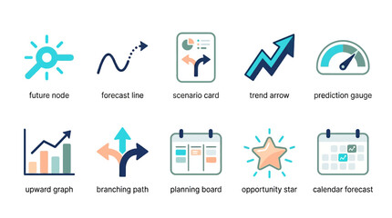 Fototapeta premium Predictive Analytics Icon Set with Forecast Line, Trend Arrow and Planning Symbols