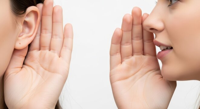 Close-up of a Young Woman Whispering a Secret into Her Friend's Ear on a White Background - Communication Concept