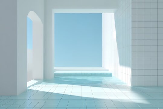 Minimalist sunlit indoor pool with blue tiled design
