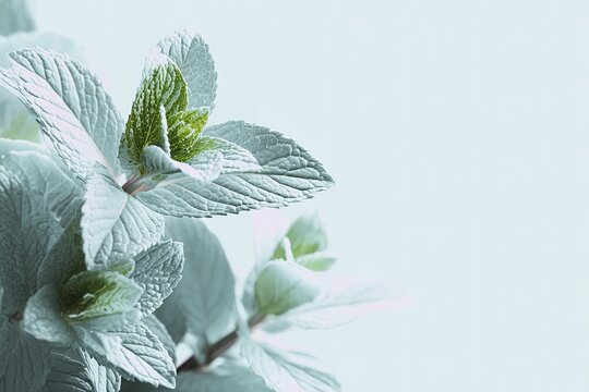 Close-up of fresh mint leaves on light blue background