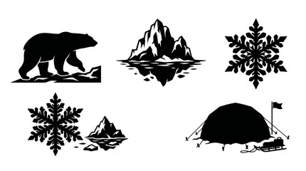 Set of Black and White Winter Adventure and Arctic Wildlife Silhouette Icons © matahari
