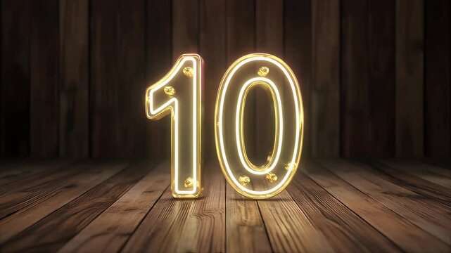 Elegant golden Realistic set of neon number 10 for decoration and covering on the wooden