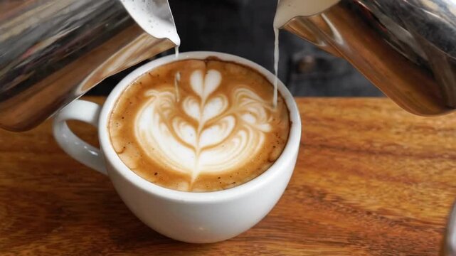 Barista pouring steamed milk into coffee cup creating latte art