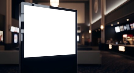 Fototapeta premium Blank white screen billboard in a modern cinema lobby, ready for your advertisement or movie promotion.