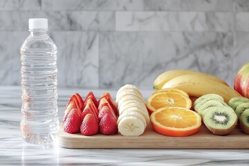 Fresh fruit variety with water bottle on marble countertop © Ira
