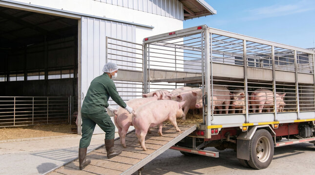 The animal caretaker is loading the pigs onto the truck.
