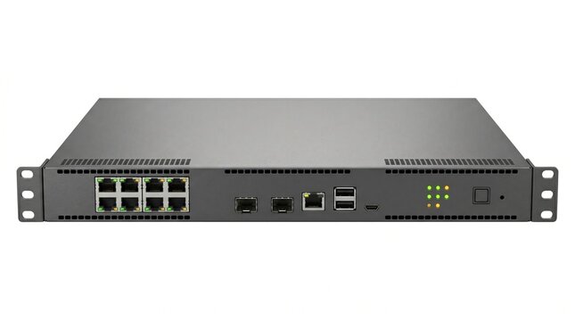 Network Switch Device Rack Mount Hardware Enterprise Ethernet Router Data Center Equipment Information Technology Infrastructure Isolated White Background Studio Copy Space