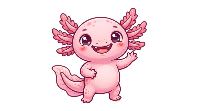 Smiling pink axolotl mascot with adorable expression, cartoon style, isolated transparent background