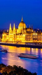 Fototapeta premium A blurred nighttime scene of a large, ornate building with a dome and spires illuminated in yellow, reflecting off a river with boats