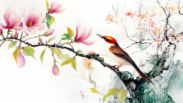 Serene Eastern Artwork Featuring Vibrant Bird on Floral Branch in Traditional Asian Watercolor Style professional commercial marketing content advertising asset high demand vi