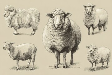Fototapeta premium Detailed sketches of various sheep breeds in black and white