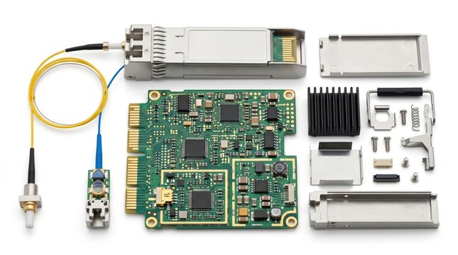 Fiber Optic Transceiver Disassembled Electronic Components Network Interface Card Hardware Telecommunications Industry Equipment Data Transmission Technology Isolated White Background Studio