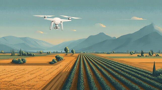 Drone flying over verdant fields at sunrise with mountainous backdrop