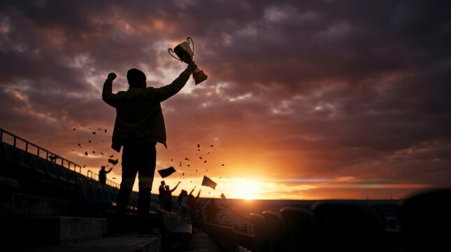 Silhouette of a victorious athlete holding a trophy high at sunset in a stadium.