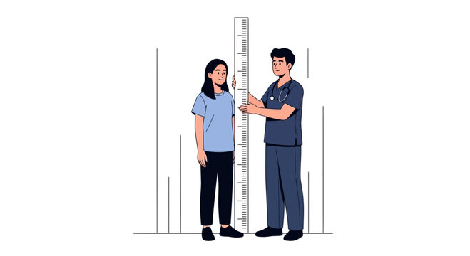 Doctor measuring young girl's height on a stadiometer in a clinic, flat illustration style.