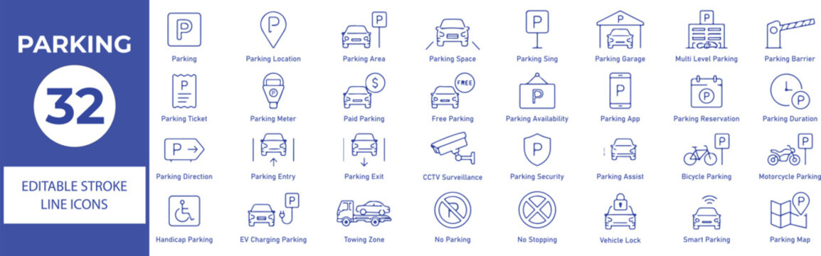 Parking Vector Outline Icons Set &ndash; Car Parking, Vehicle Management and Transportation Line Symbols Collection