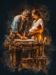 Fototapeta premium Holy Family Workshop Scene – Generative AI – no real persons