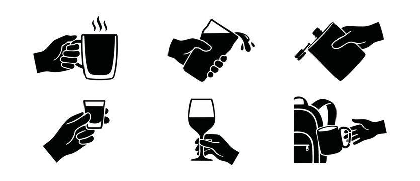 Hand holding drink icon set featuring vector silhouettes of coffee mug pouring glass alcohol flask shot wineglass and hiking backpack cup for signs and symbols.
