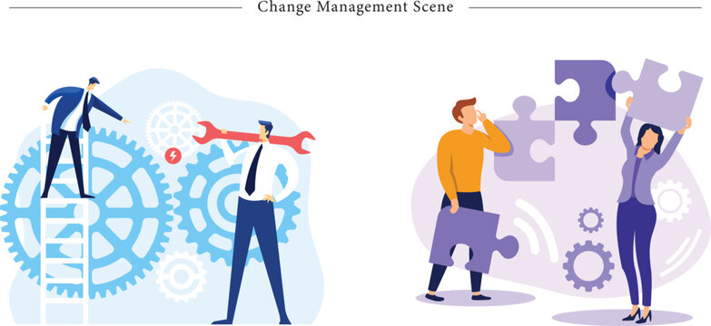 Change Management Scene Flat Vector Illustration of System Optimization, Process Alignment, Team Restructuring, and Collaborative Problem Solving