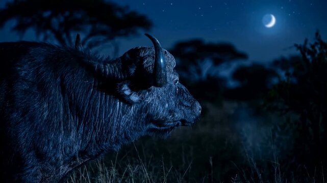 buffalo close up under moonlight blue light africa savanna video