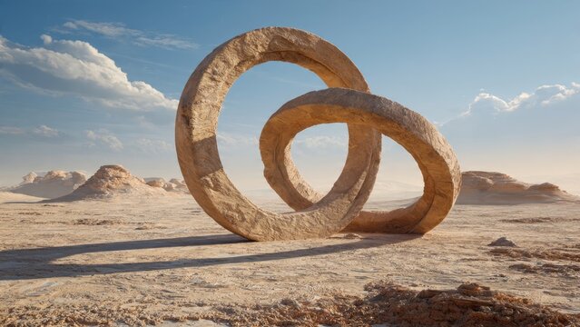Sculptural desert formations in expansive sand dunes under clear blue sky