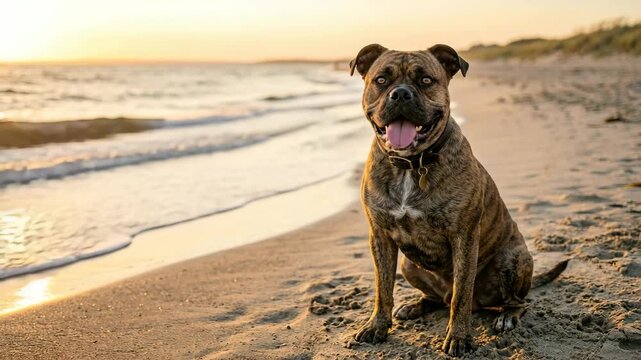 bullboxer dog close up at golden light on california beach video