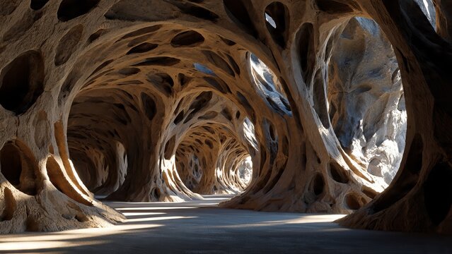 Grand ancient stone archway tunnel passage, mysterious cavern interior architecture