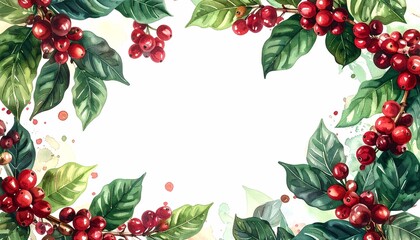 Fototapeta premium Coffee branches with red cherries frame, wide angle view for copy space, watercolor illustration, soft natural lighting on clean white background