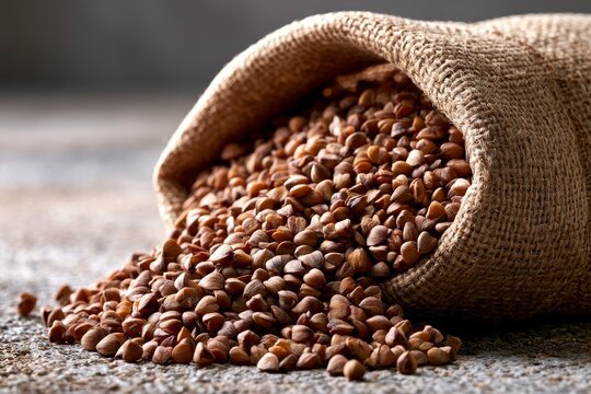Buckwheat groats spilling from rustic burlap sack on textured stone surface in minimalist digital illustration for food packaging design
