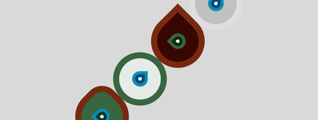 Fototapeta premium Abstract design features colorful circles, teardrops. Shapes overlap, creating visual interest. Minimalist style, light gray background.