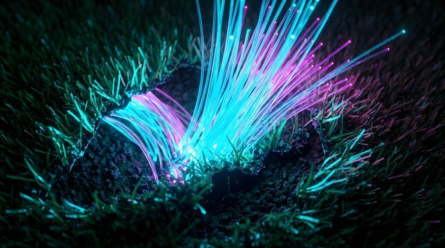 Glowing fiber optic cables emerging from dark soil and green grass in fantasy environment.