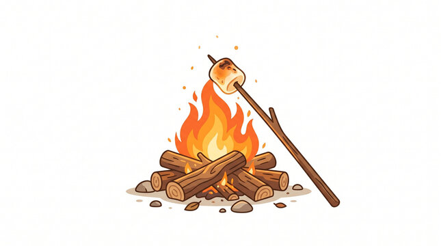 A delightful cartoon illustration of a campfire with bright orange flames and stacked logs perfect for a cozy outdoor evening snack of a perfectly toasted marshmallow on a stick symbolizing warmth