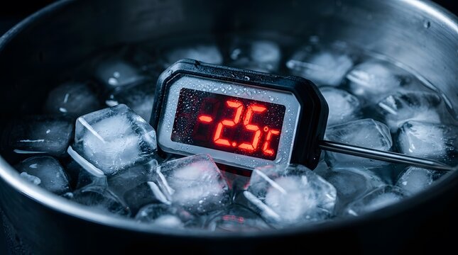 Digital thermometer showing negative 2.5 degrees Celsius in ice water.