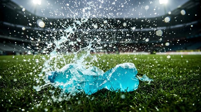 Crumpled blue water bottle exploding with water splashes on grass field.