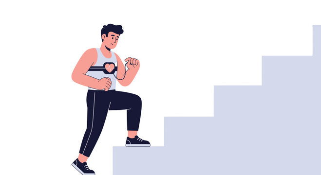 Man climbing stairs with heart monitor, representing fitness, health, and exercise progress.