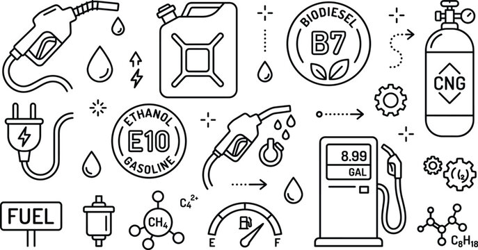 Fuel and alternative energy line icons set with gas station pump electric plug cng canister linear outline vector
