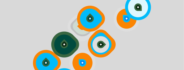 Fototapeta premium Abstract circles, varying sizes, colors. Orange, teal, dark green dominate neutral gray background. Simple shapes create modern design.