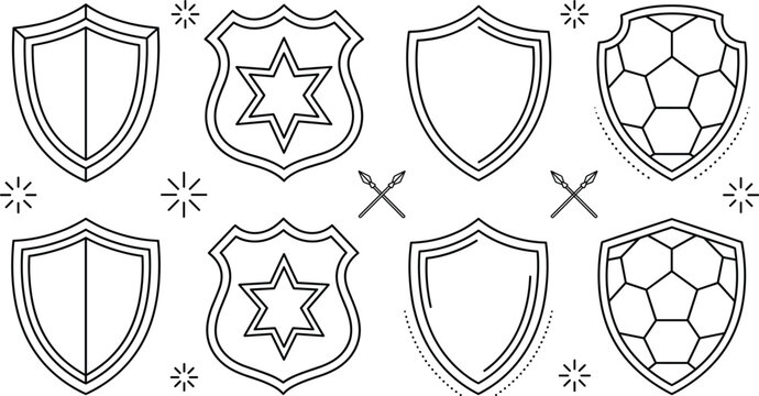 Hand drawn shield vector icon set for security protection police badge sports defense crest isolated on white background