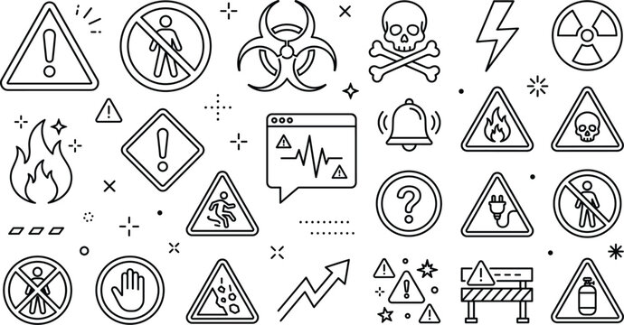 Hazard warning sign line icons set with danger triangle skull fire biohazard radiation alert linear outline vector graphics