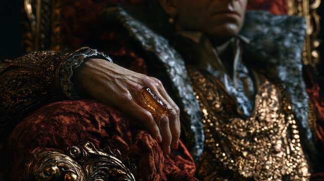 Baroque aristocrat on an opulent gold throne with decadence and chiaroscuro luxury