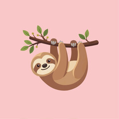 Fototapeta premium Cute cartoon sloth hanging from a tree branch vector illustration with wildlife