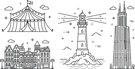 Landmarks and architectural buildings line icons set with circus tent old houses lighthouse skyscraper linear outline vector illustration © MD