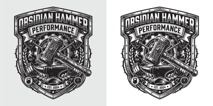 Detailed Obsidian Hammer performance gym emblem with anvil and weights