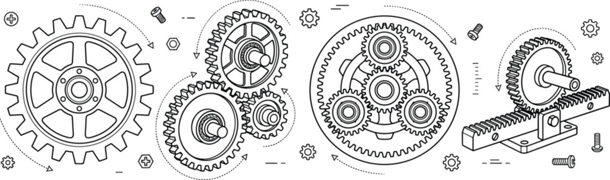 Industrial machinery mechanical gear wheels and cogwheels outline vector pattern technical drawing collection for engineering blueprint layout concept
