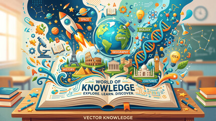 Obraz premium World of Knowledge Explore Learn Discover Open Book with Educational Elements Including Space Earth Biology History Geography and Cultures in a Classroom Setting for Learning and Education